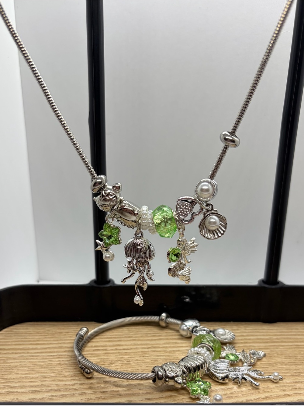 Silver Tone Green Charm Necklace and Bracelet Set